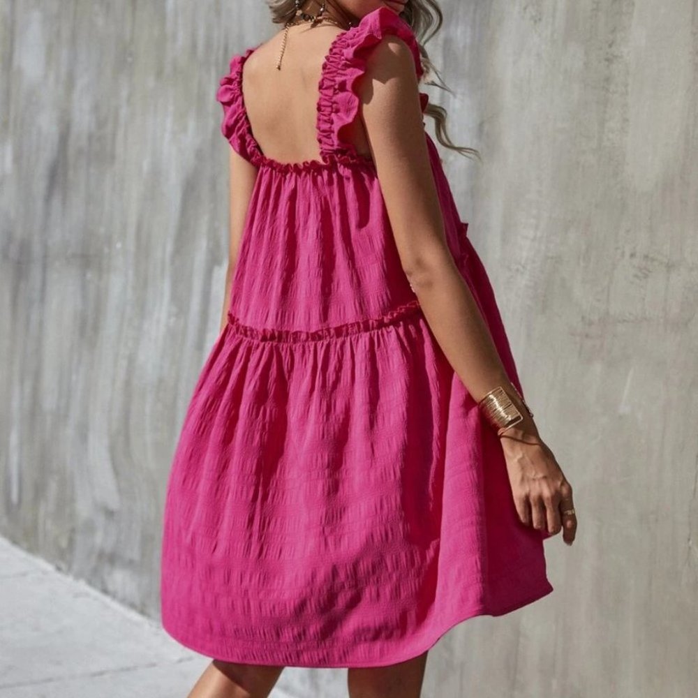 pink  Boho Frill Trim Ruffle Hem Dress - Picture 5 of 6